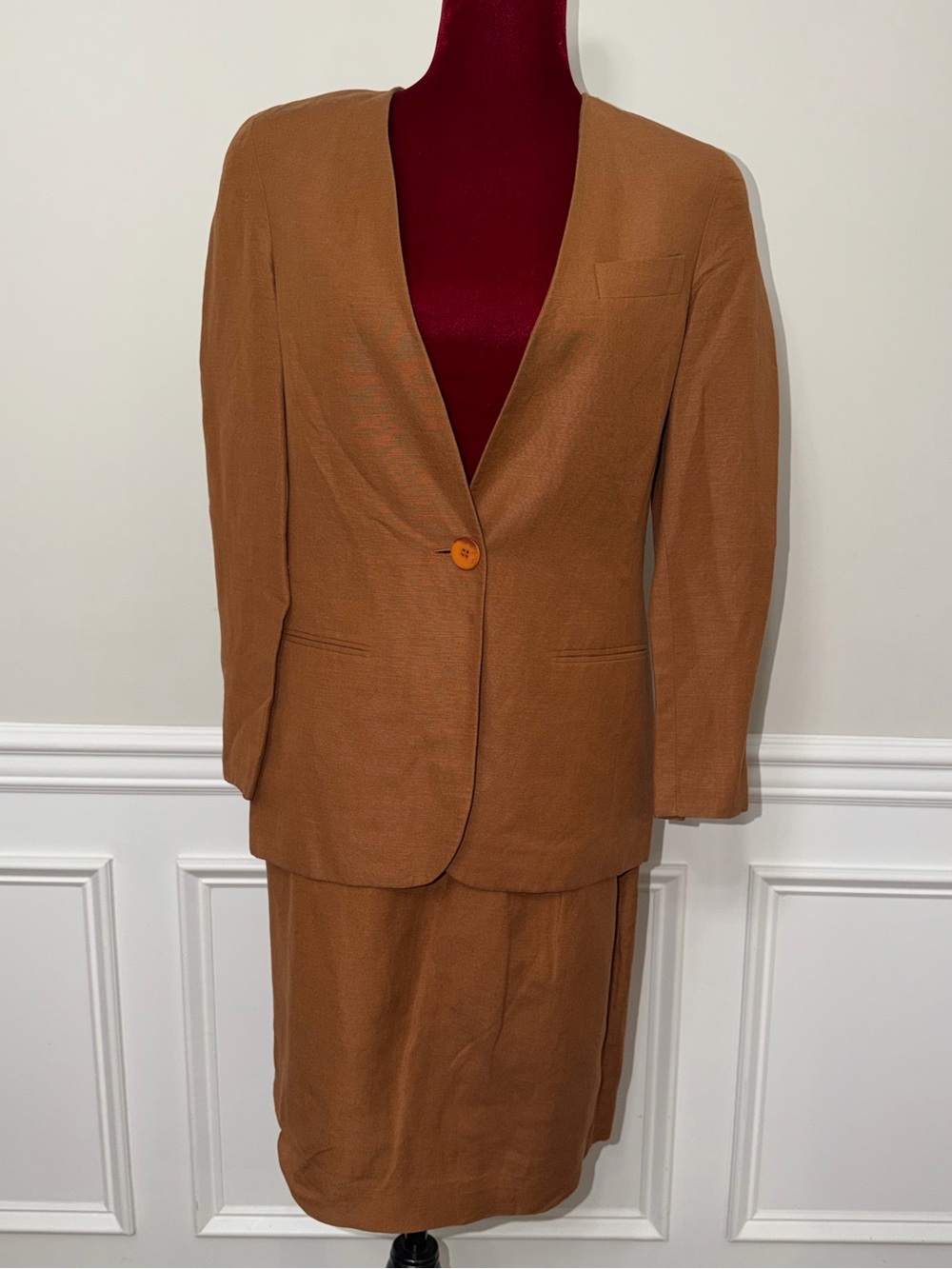 Vintage Amanda Fielding Petites Linen-Blend Skirt Suit - Toffee Brown 4P/10P Mix